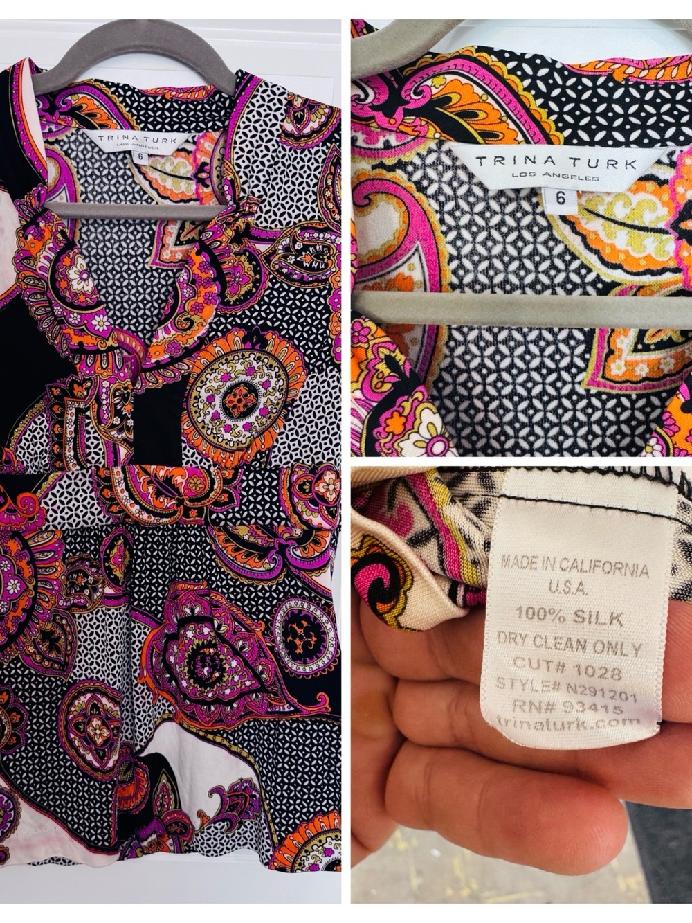 Trina Turk Black Silk Mini Dress with Pink & Orange Paisley Print